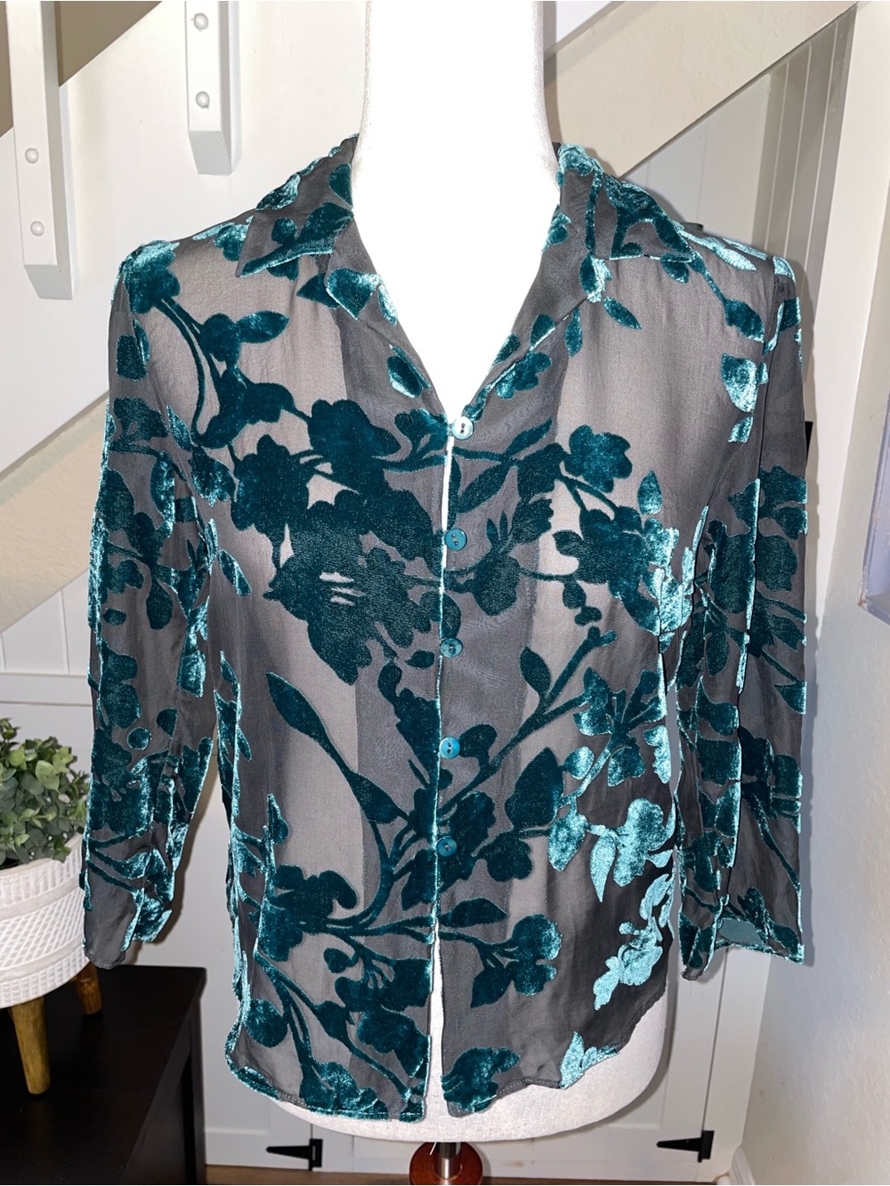 Armand Ventilo Sheer Burnout Velvet Floral Blouse Gray Teal French Designer 38